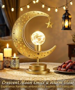 Lewondr Ramadan Moon Lamp, Crescent Moon with Star Table Lamp, Battery Powered Ramadan Desk Lamp Decorations Crescent Table Light Bedside Night Stand Desktop Living Room Home Decor, Eid Mubarak Decor